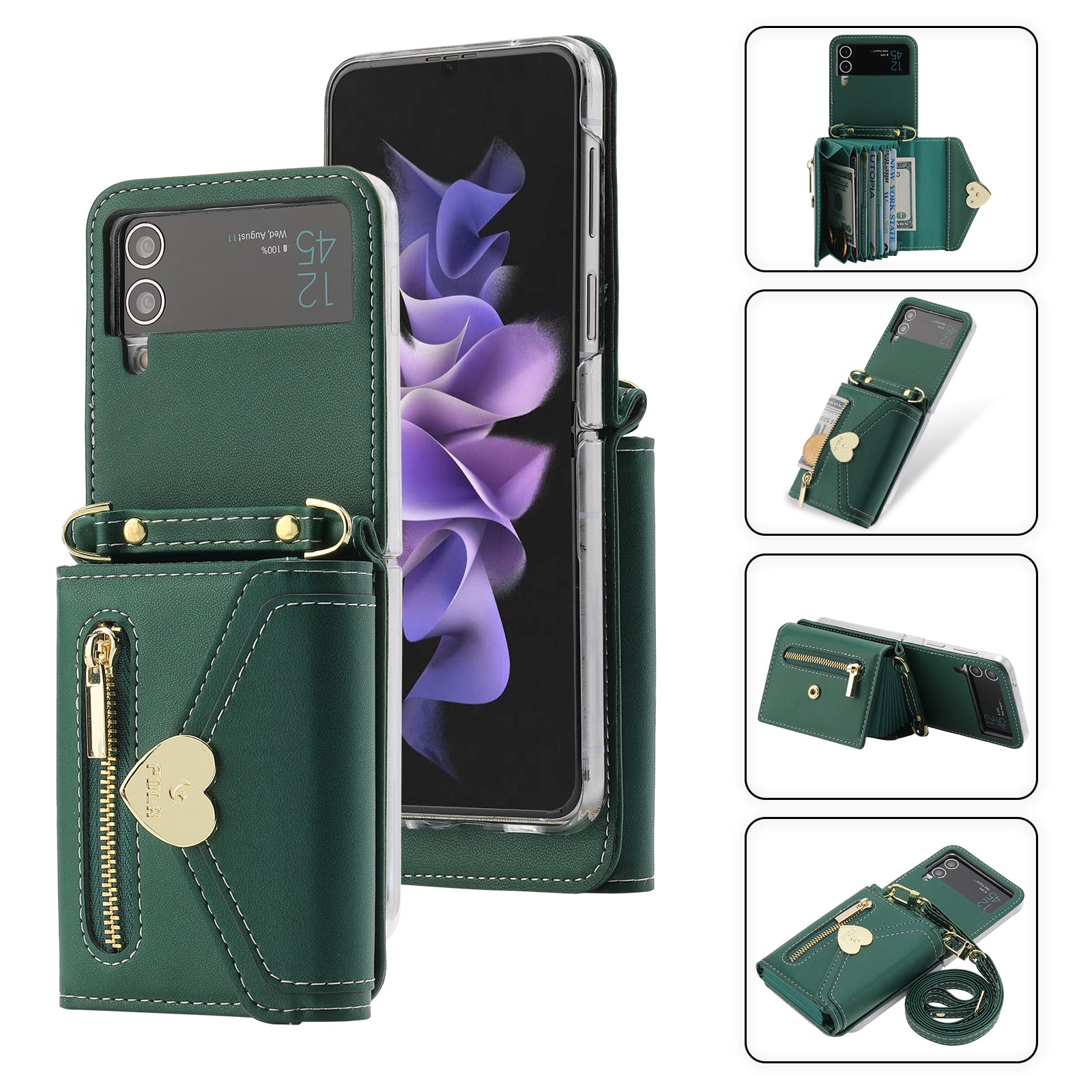 POLA Crossbody Leather Phone Case For Samsung Galaxy Z Flip3 5G Zipper Purse Kickstand Wallet Phone Cover POLA Crossbody Leather Phone Case For Samsung Galaxy Z Flip3 5G Zipper Purse Kickstand Wallet Phone Cover